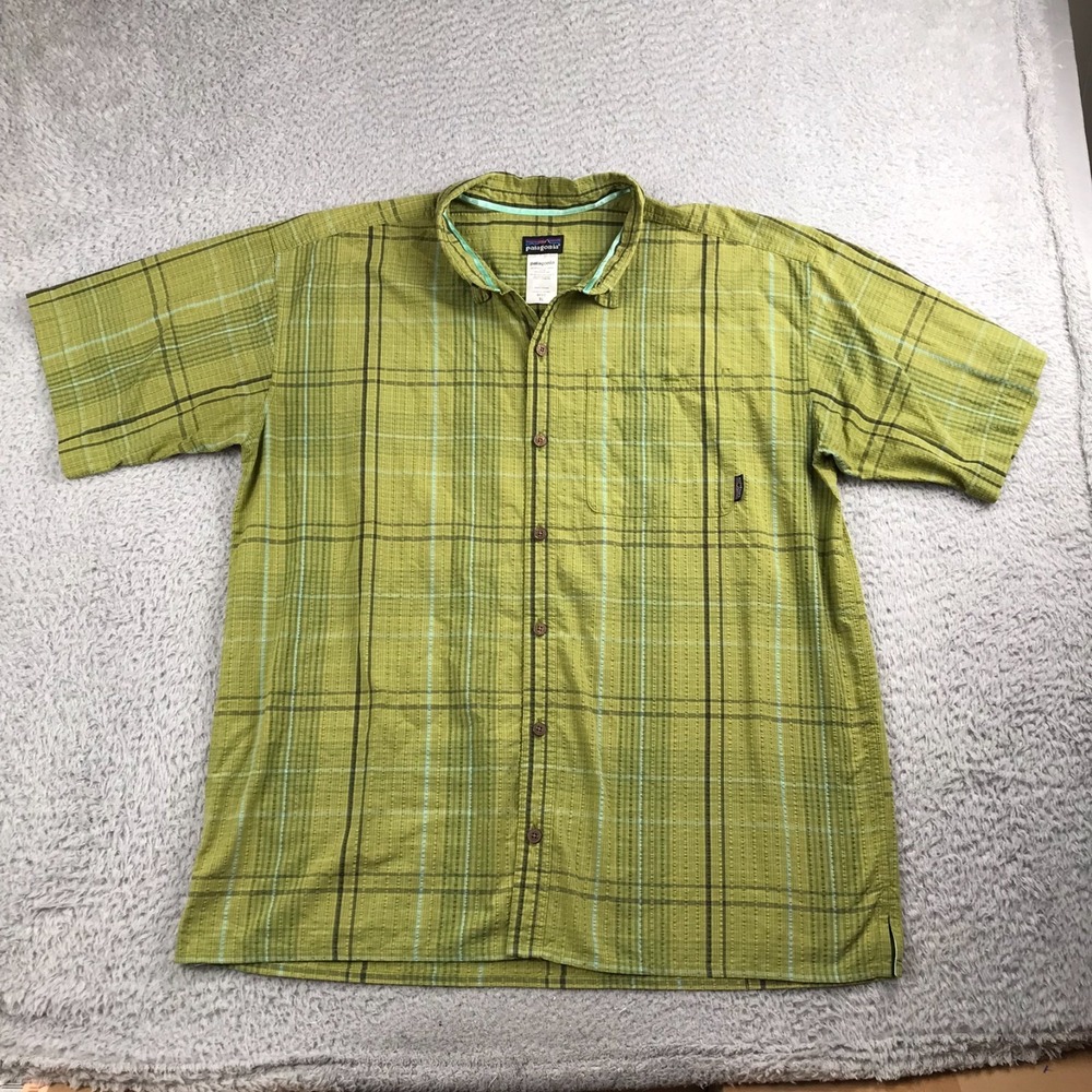 Patagonia Puckerware Shirt Mens XL Green Plaid Organic Cotton‎ Crinkle Weave